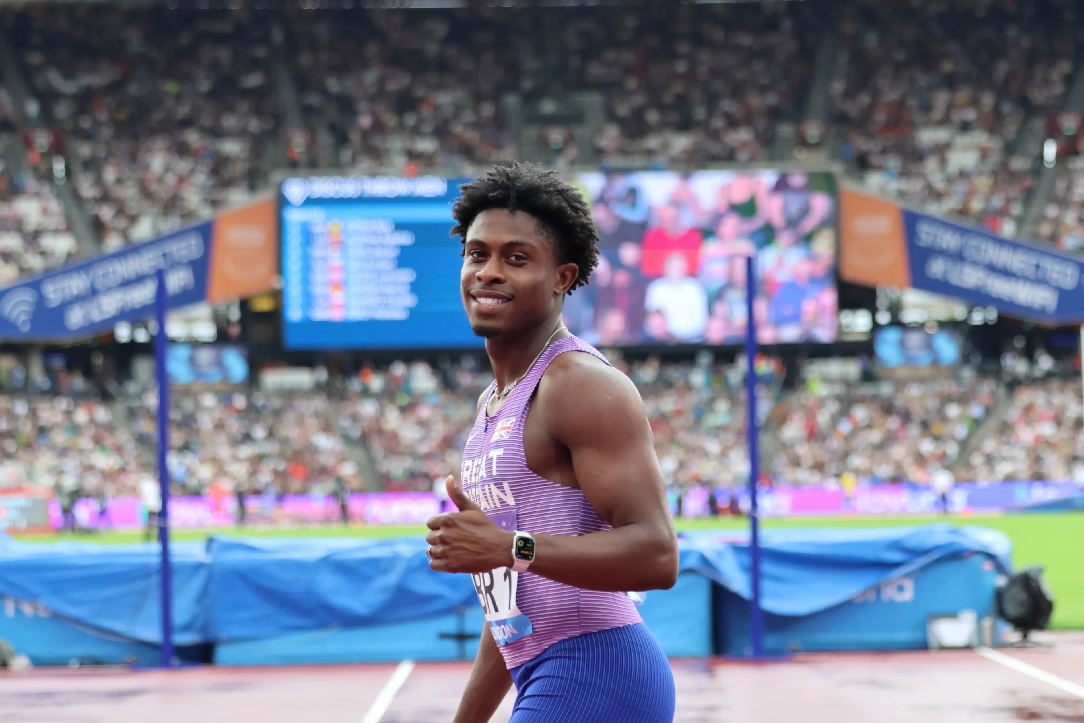 Jeremiah Azu in action at a packed London Stadium after a stellar season.