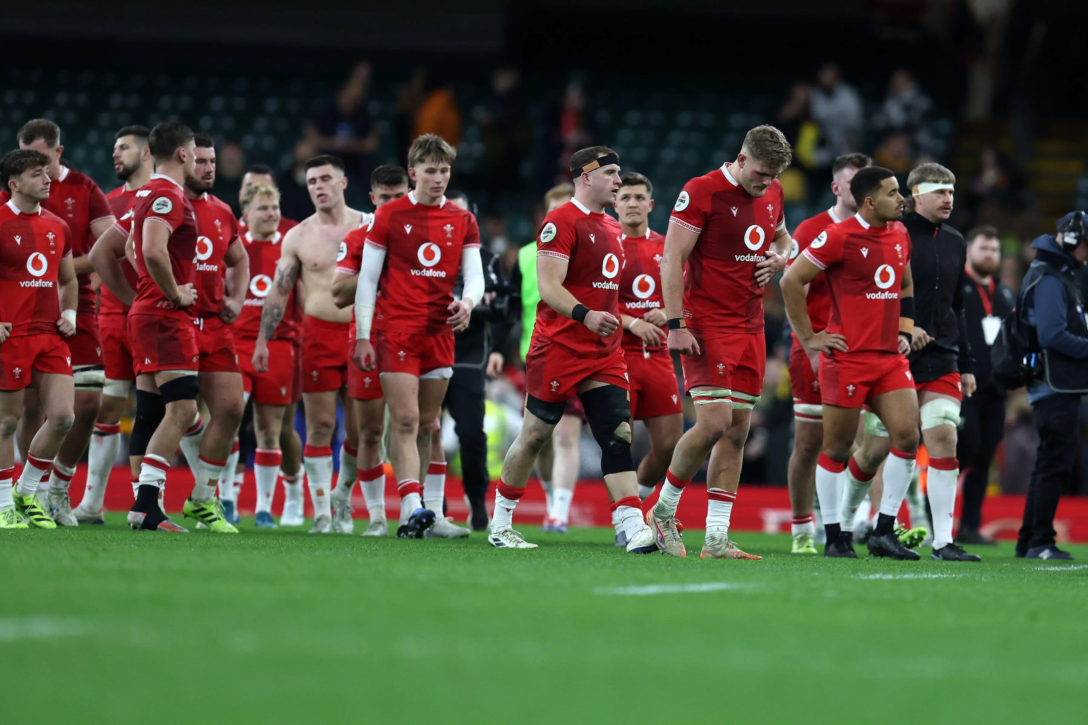 Dejected Wales players after the country’s biggest-ever home defeat. Pic: Alamy