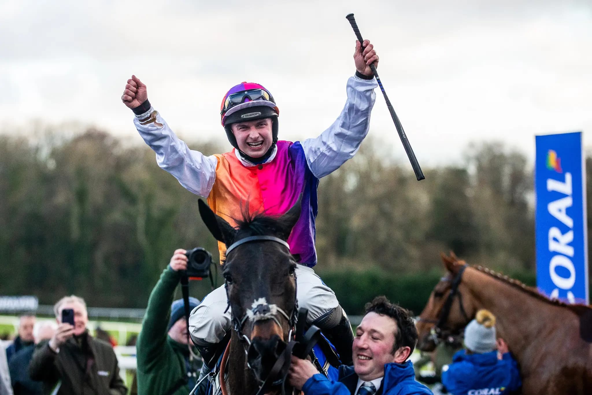 Sean Bowen celebrates victory on Haiti Couleurs at Chepstow.