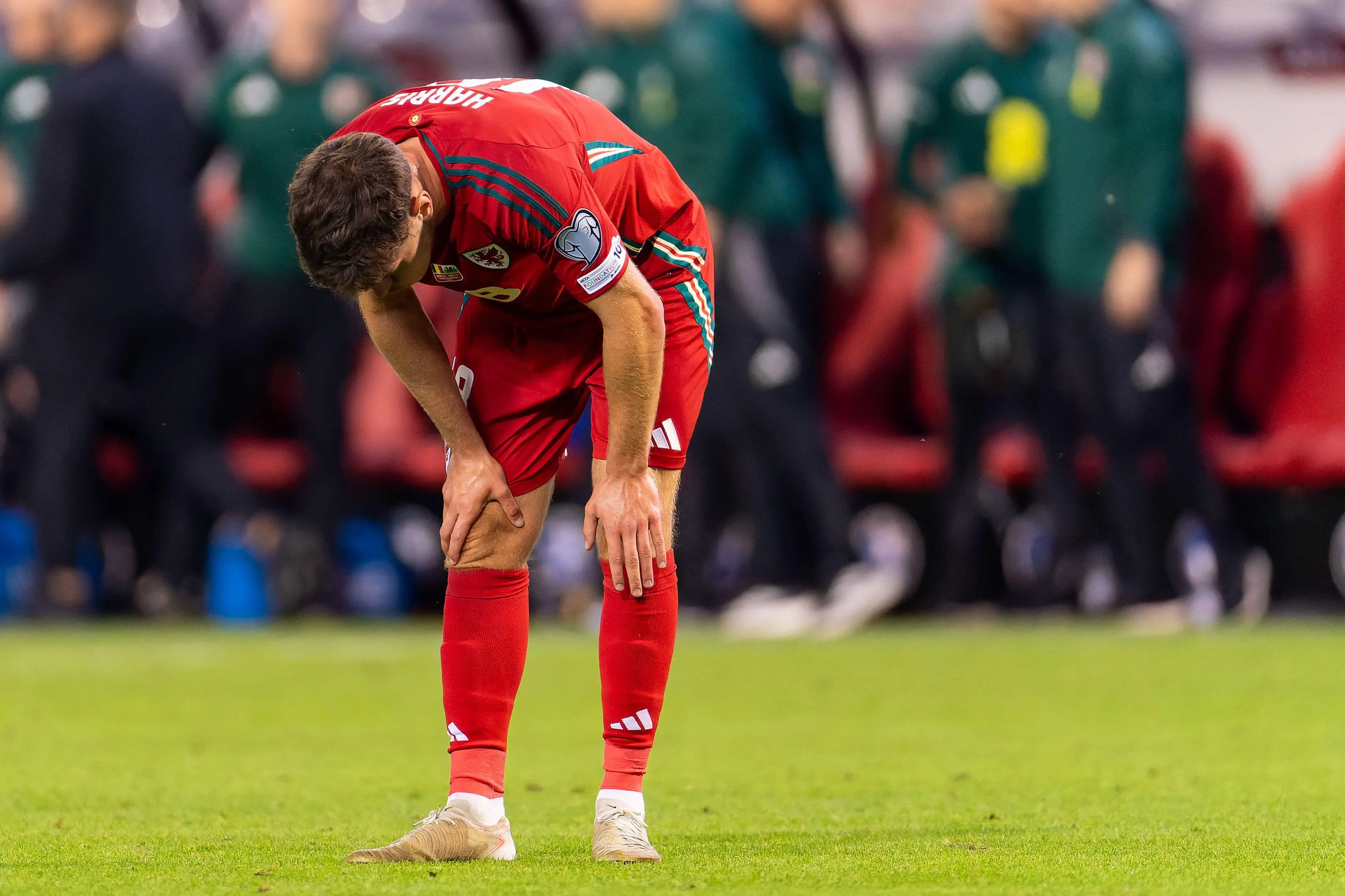Wales' Mark Harris reacts at the final whistle.  Pic. Alamy