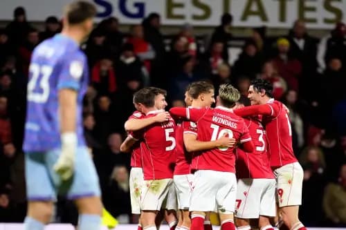 Wrexham players celebrate their side's second goal of the game. Pic: Alamy