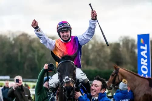 Sean Bowen celebrates victory on Haiti Couleurs at Chepstow.
