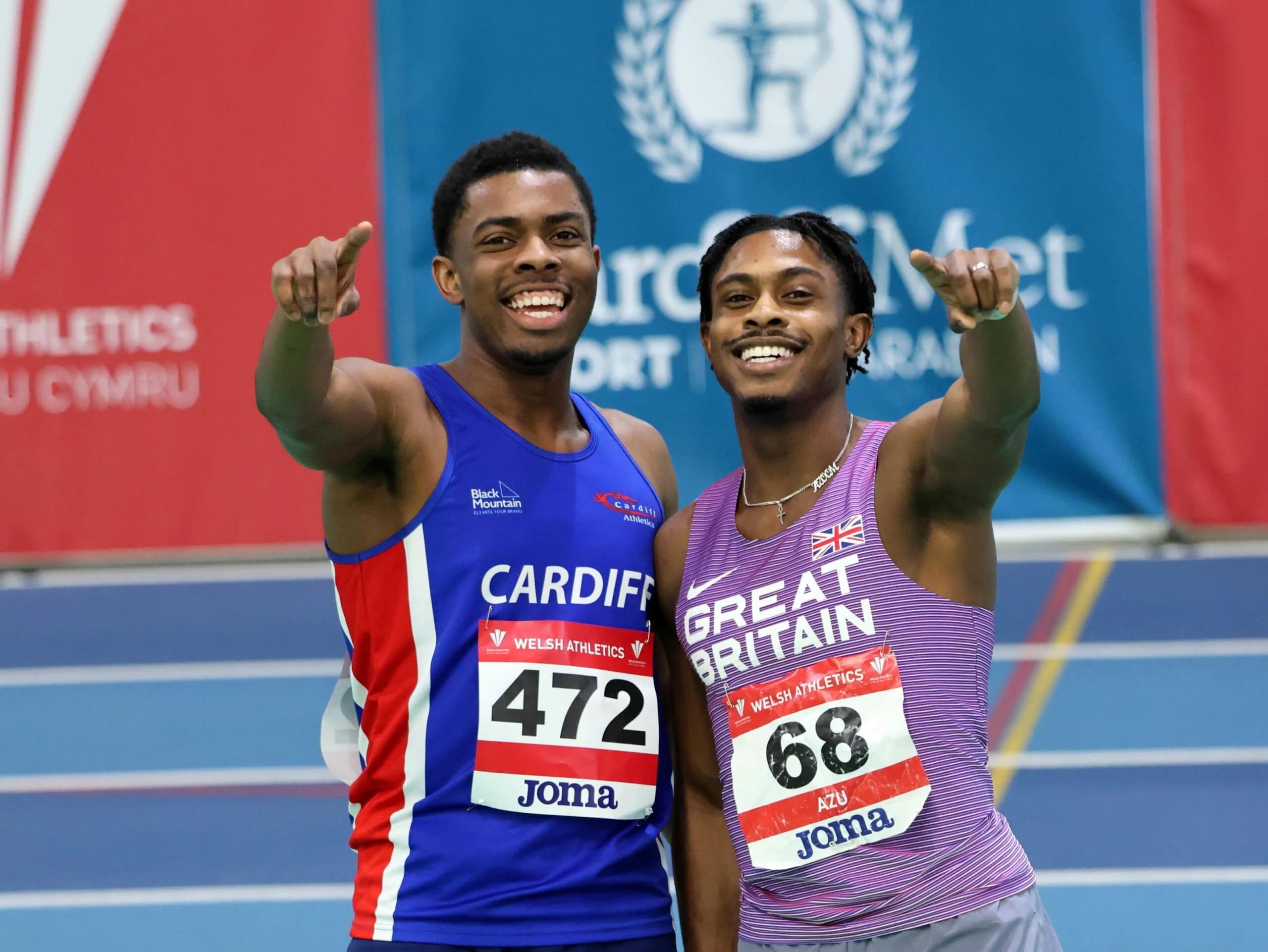 Jeremiah Azu and brother Alex celebrate after the 60m final which saw them with gold and bronze medals. Pic: Owen Morgan