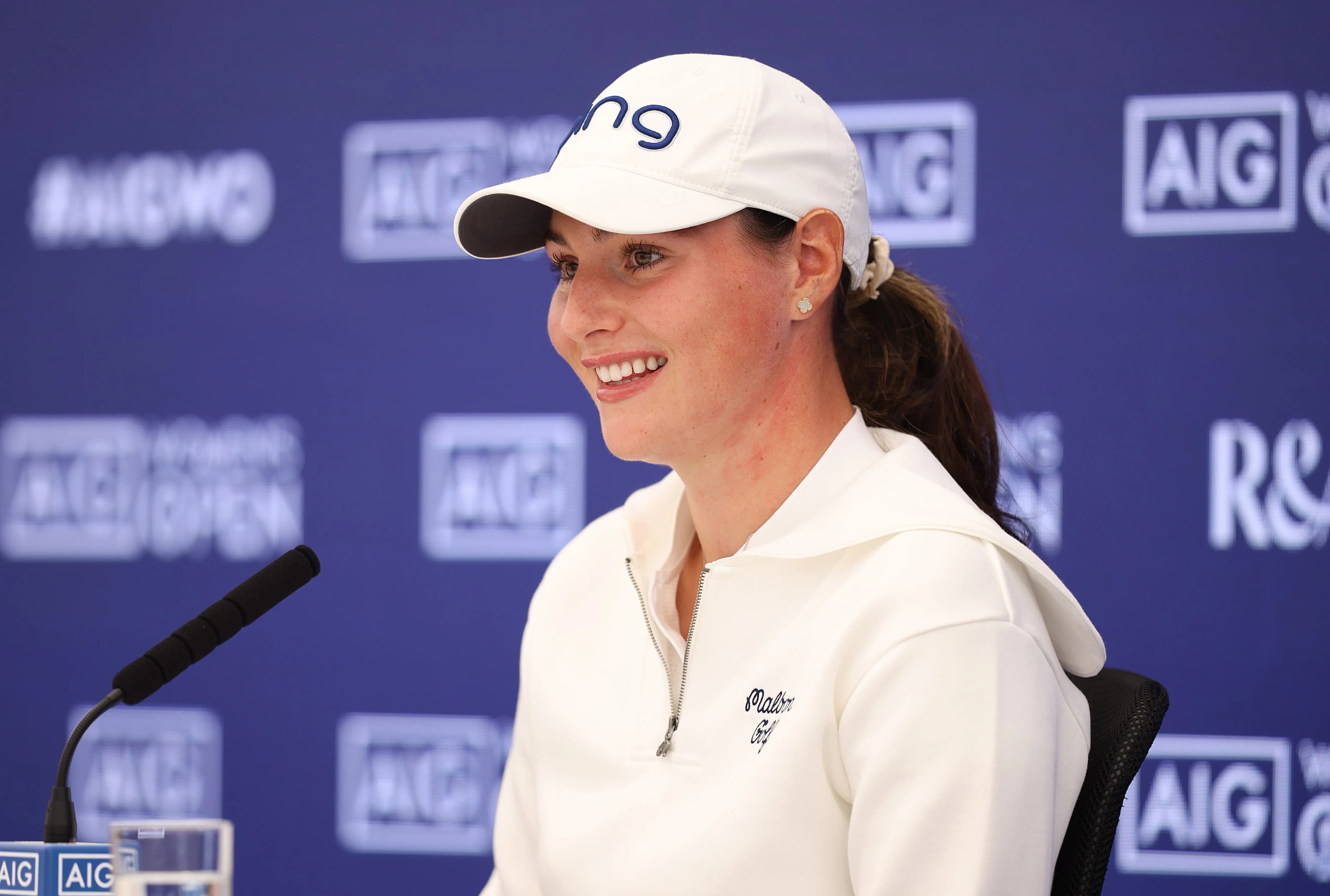 Darcey Harry of Wales speaks to the media during a press conference prior to the AIG Women's Open 2025 at Royal Porthcawl Golf Club on July 30, 2025 in Bridgend, Wales. (Photo by Charlie Crow