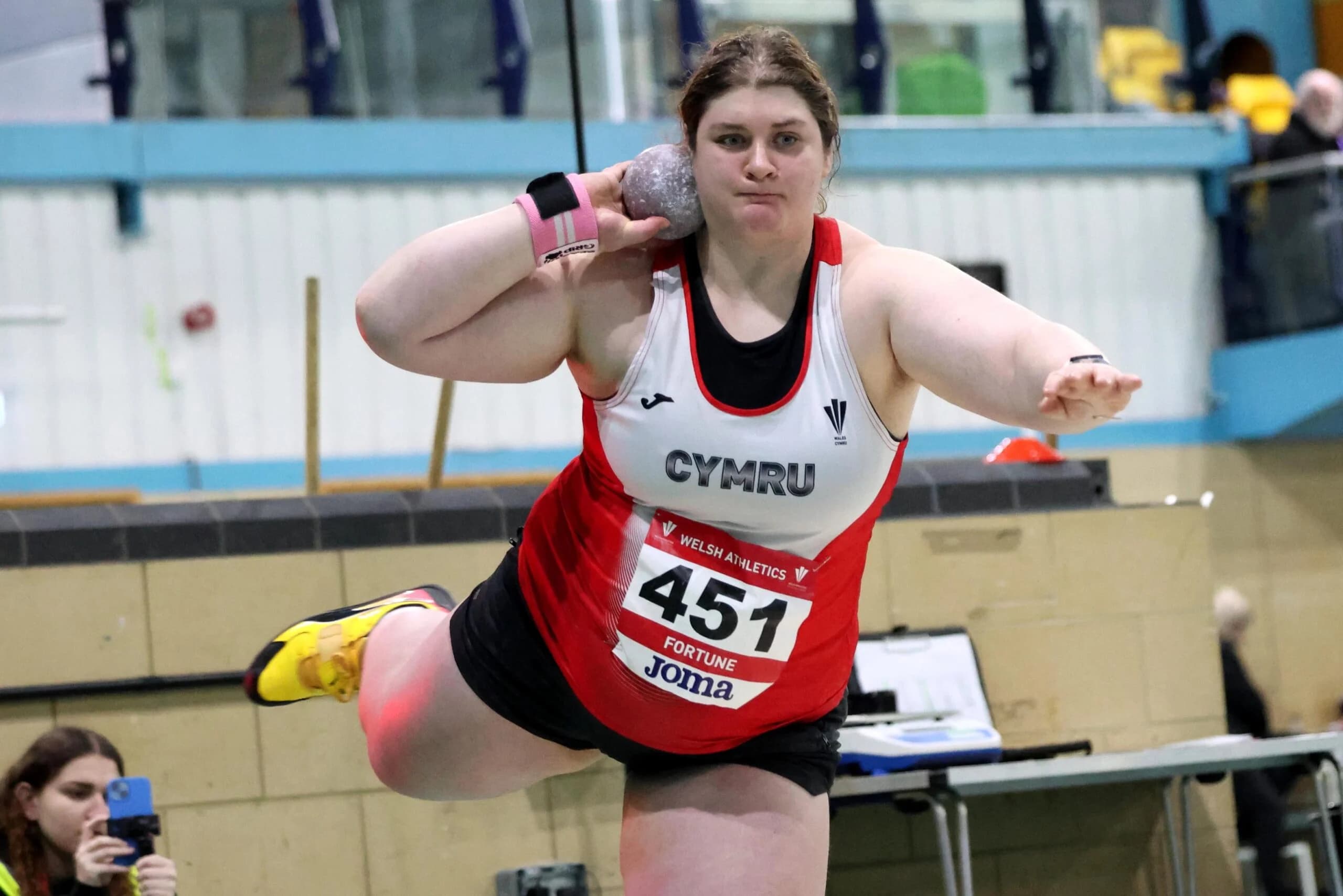 Sabrina Fortune on her way to retaining her Welsh indoor shot put title. Pic: Owen Morgan