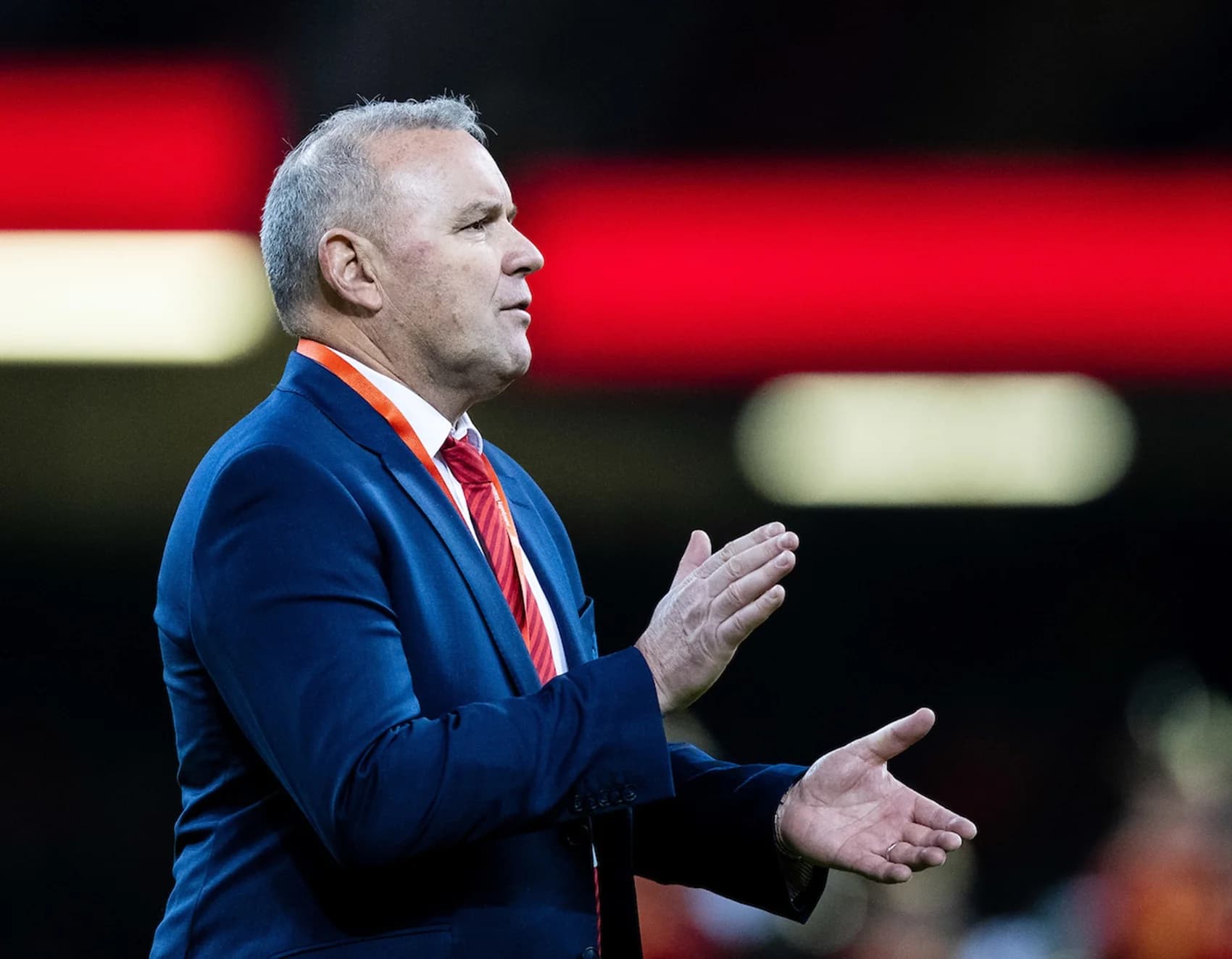 Wales coach Wayne Pivac applauds Pic: Simon King/Replay Images.