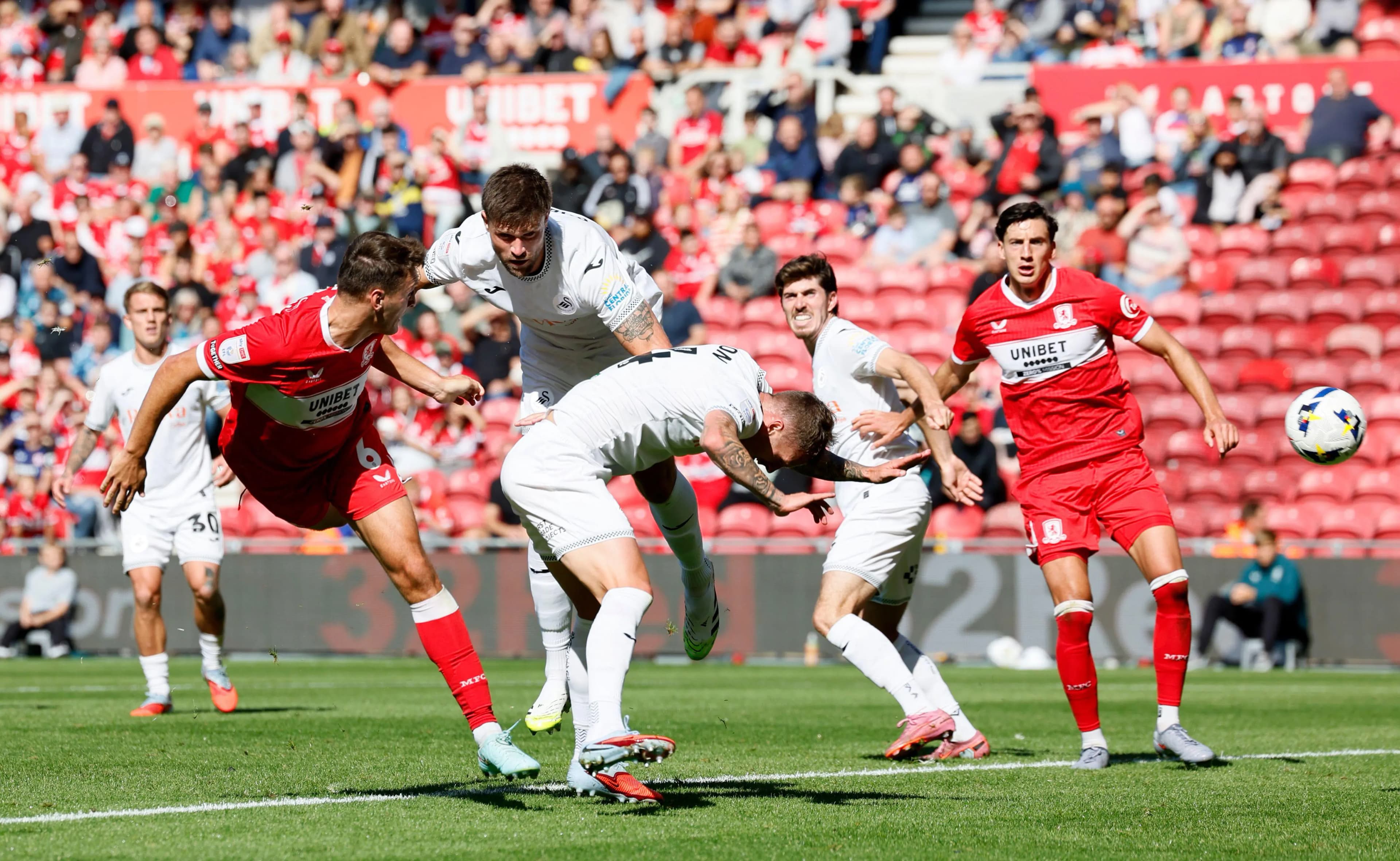 Middlesbrough's Dael Fry scores against Swansea City. Pic: Alamy