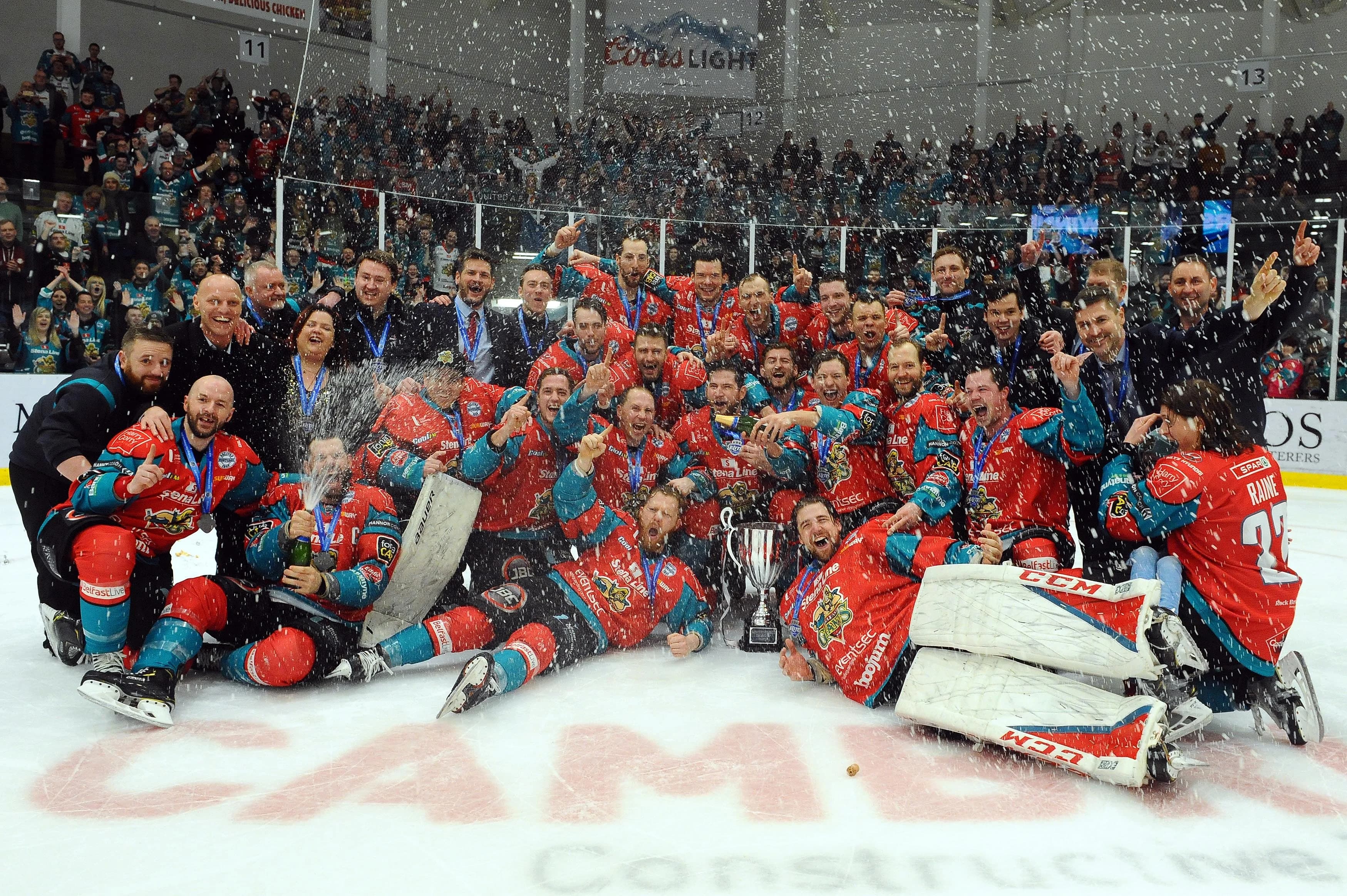 Belfast Giants celebrate after their Challenge Cup final success in Cardiff Bay. Pic: David Williams.