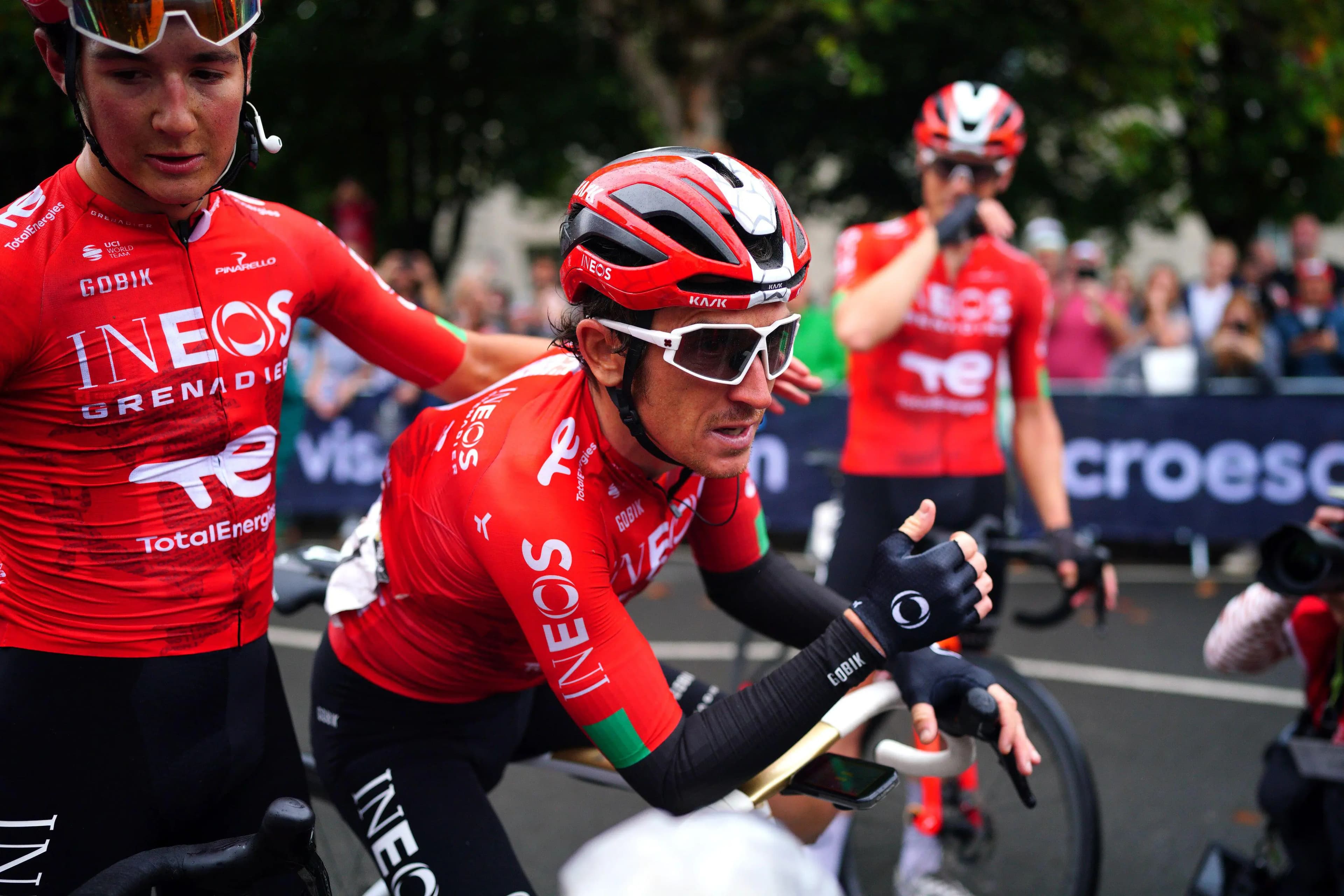 Geraint Thomas reacts to the final race of his professional career. Pic: Aamy