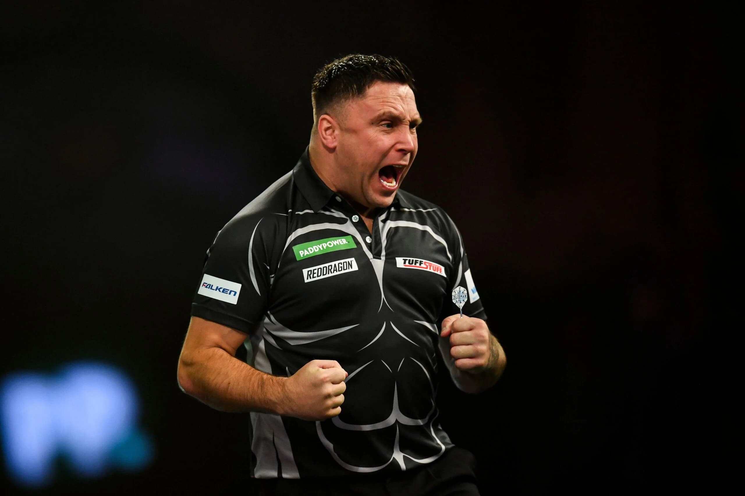Gerwyn Price celebrates winning a leg against Chris Dobey. Pic: Action Plus Sports/Alamy Live News