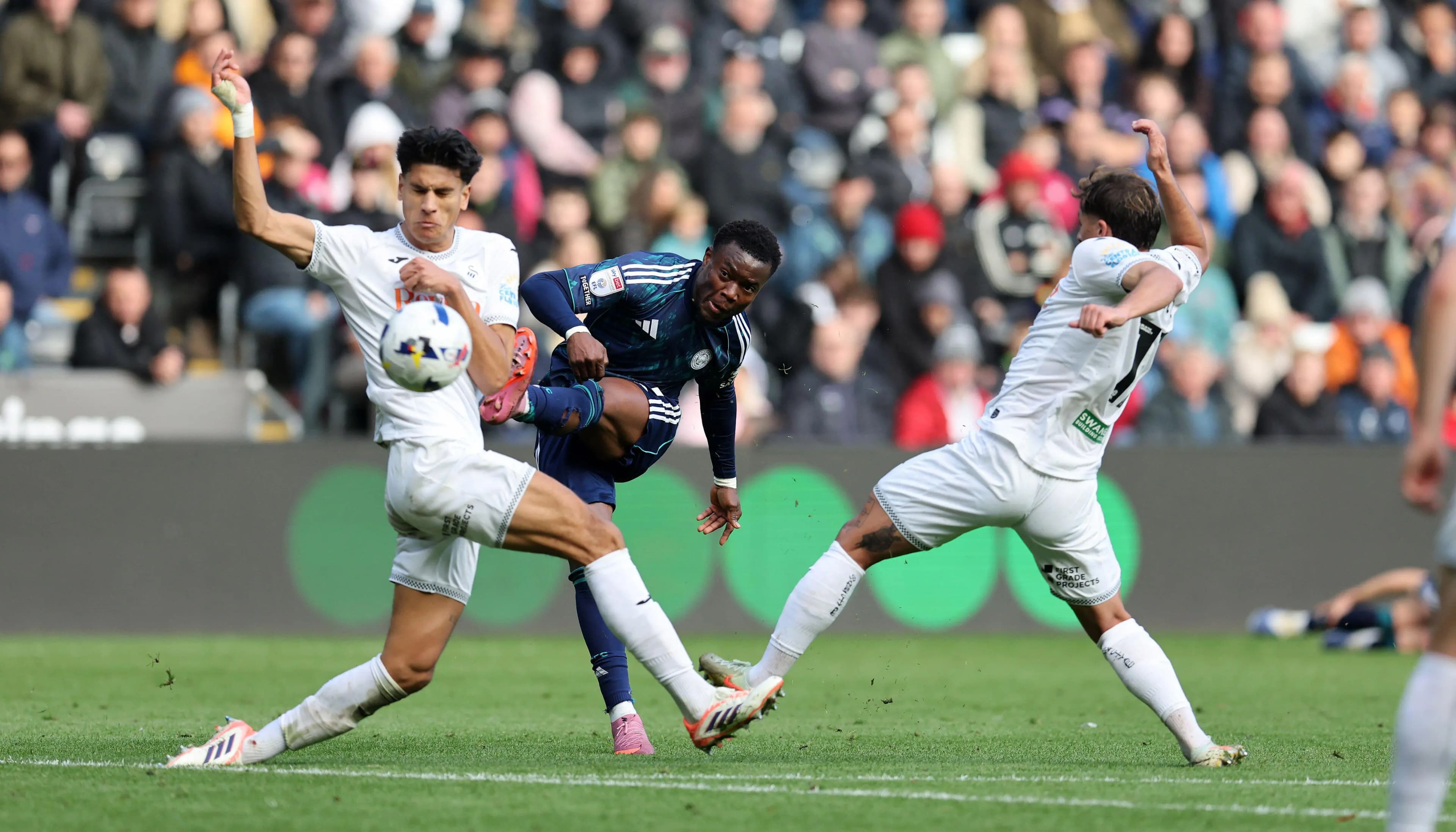 Abdul Fatawu of Leicester City shoots from range and he scores his teams second goal. Pic: Alamy