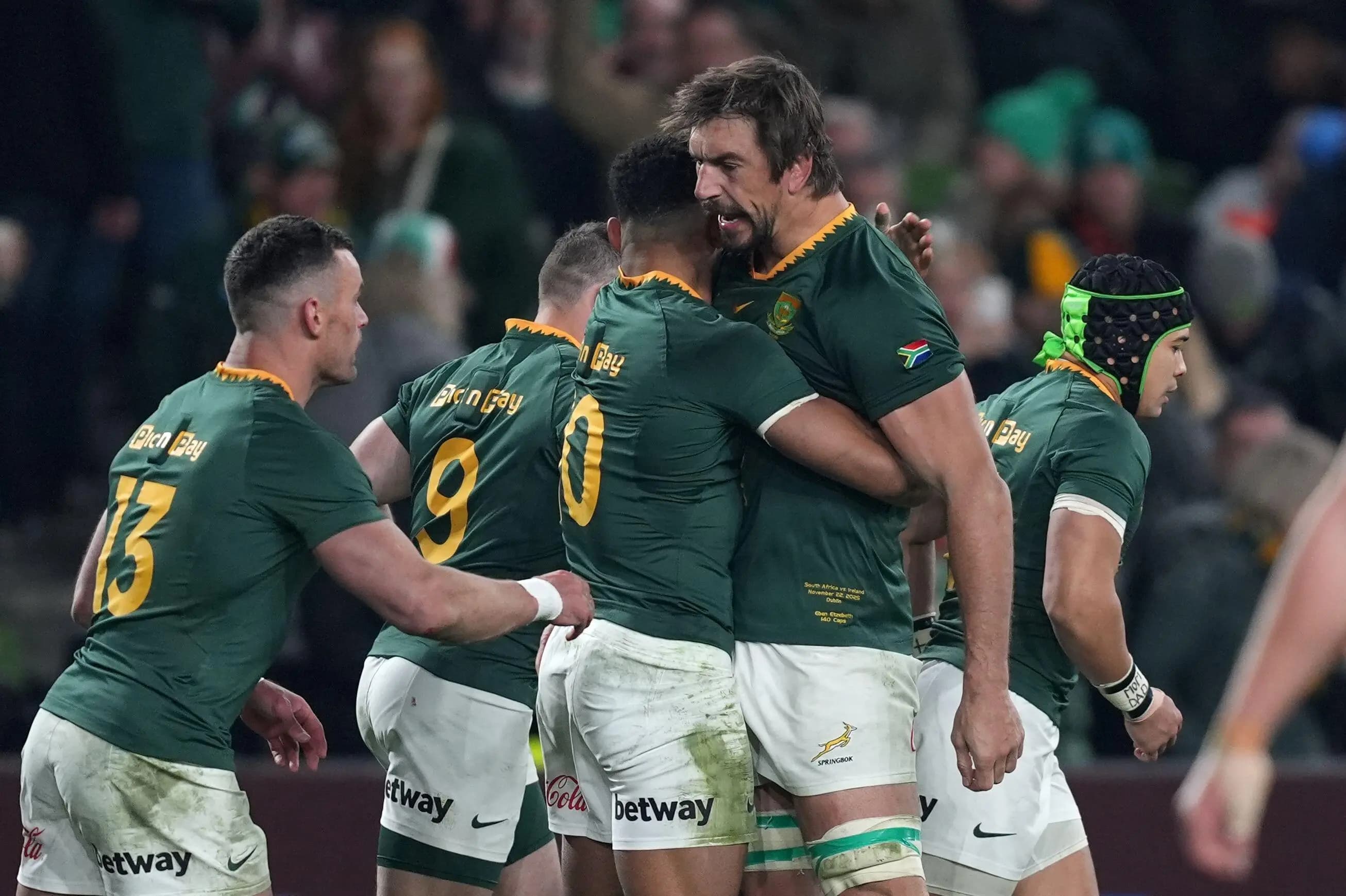 South Africa celebrate scoring against Ireland last weekend. Pic. Alamy