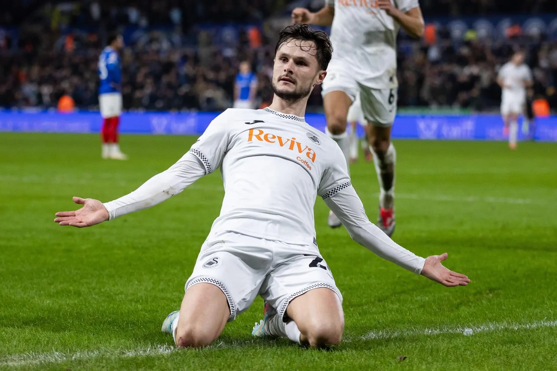 Liam Cullen of Swansea City celebrates scoring. Pic: Alamy