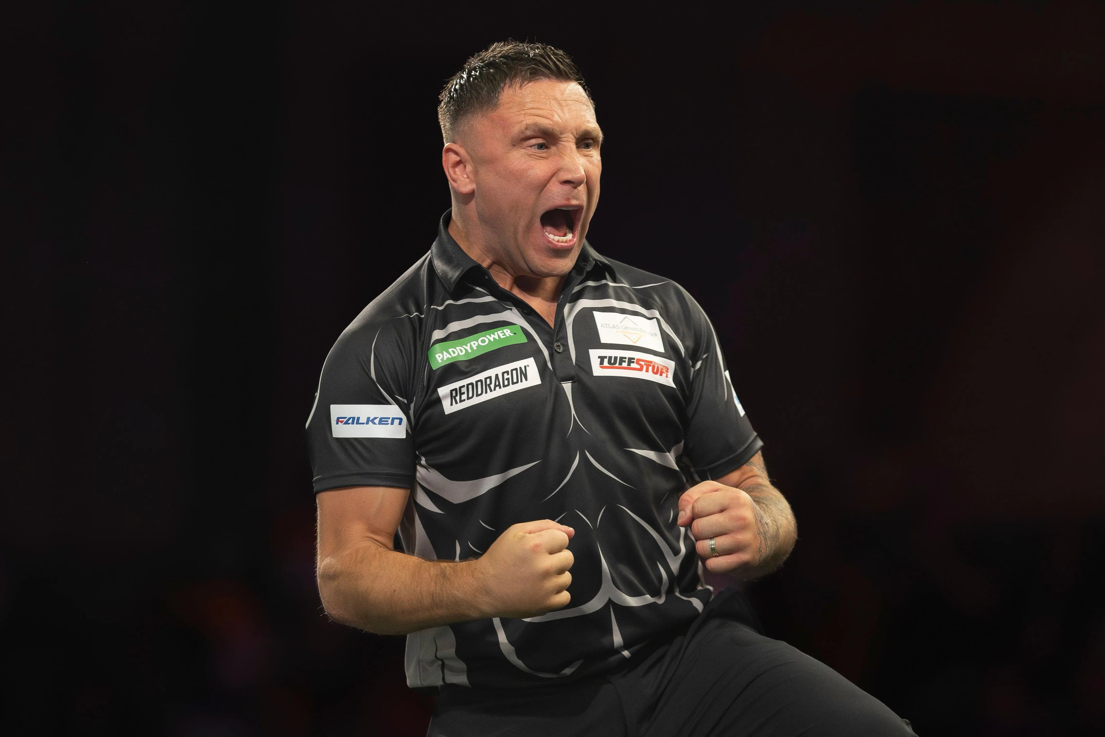 Gerwyn Price reacts in his match against Adam Gawlas. Pic. Alamy