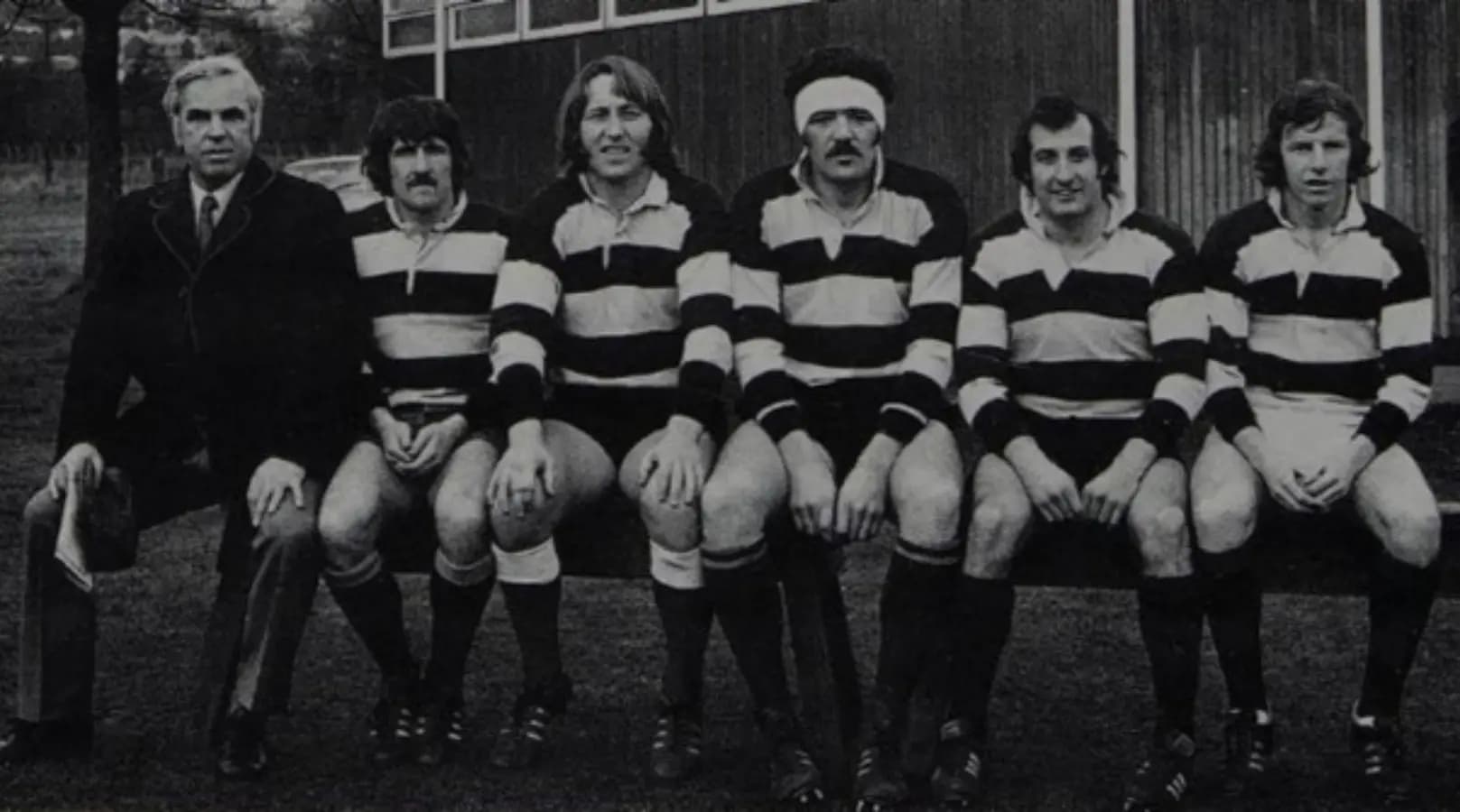 Bill Samuel with Welsh Lions Gerald Davies, JPR Williams, Mervyn Davies, Gareth Edwards and J.J. Williams.