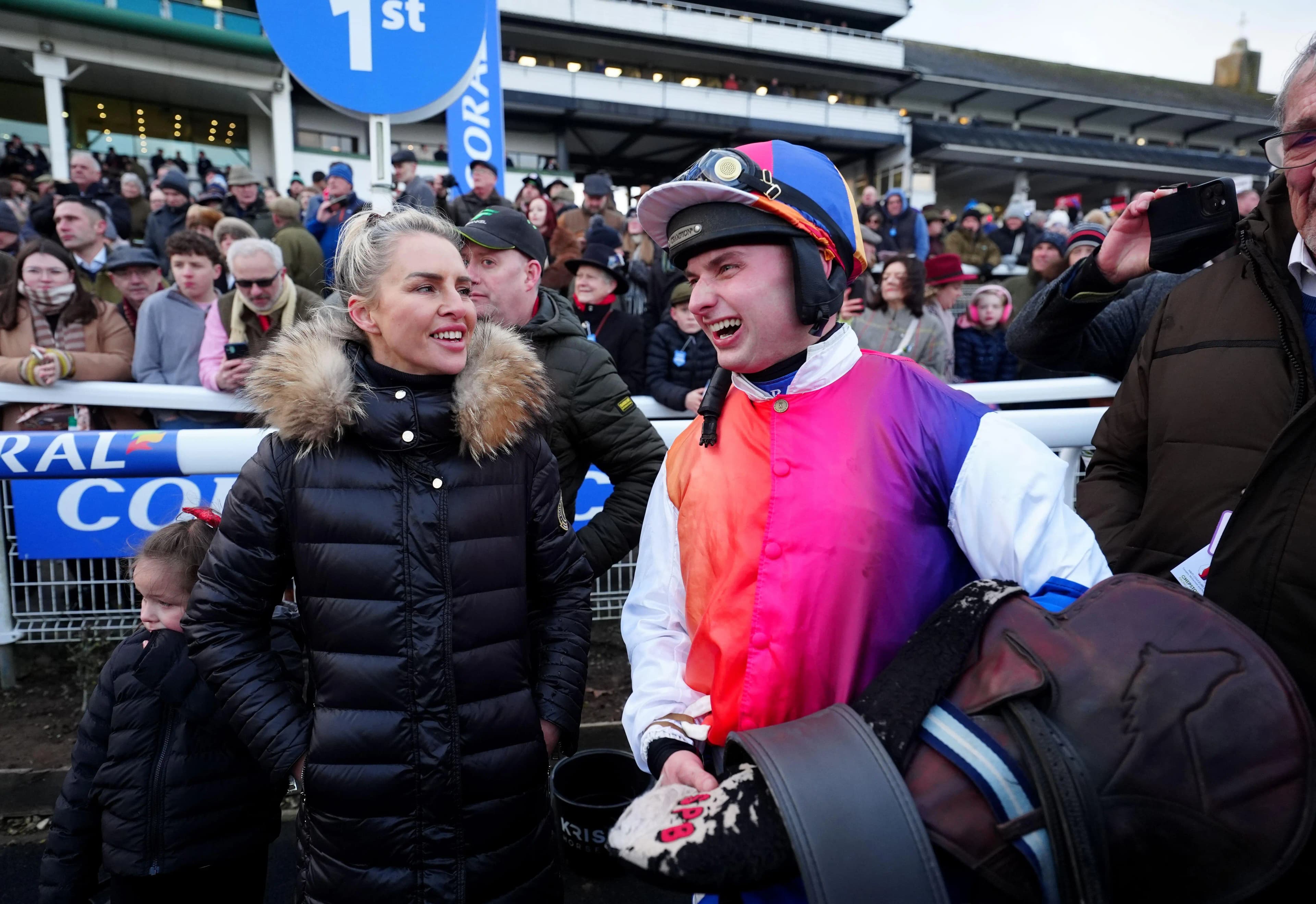 Trainer Rebecca Curtis and jockey Sean Bowen afterHaiti Couleurs won the Coral Welsh Grand National. Pic: Alamy