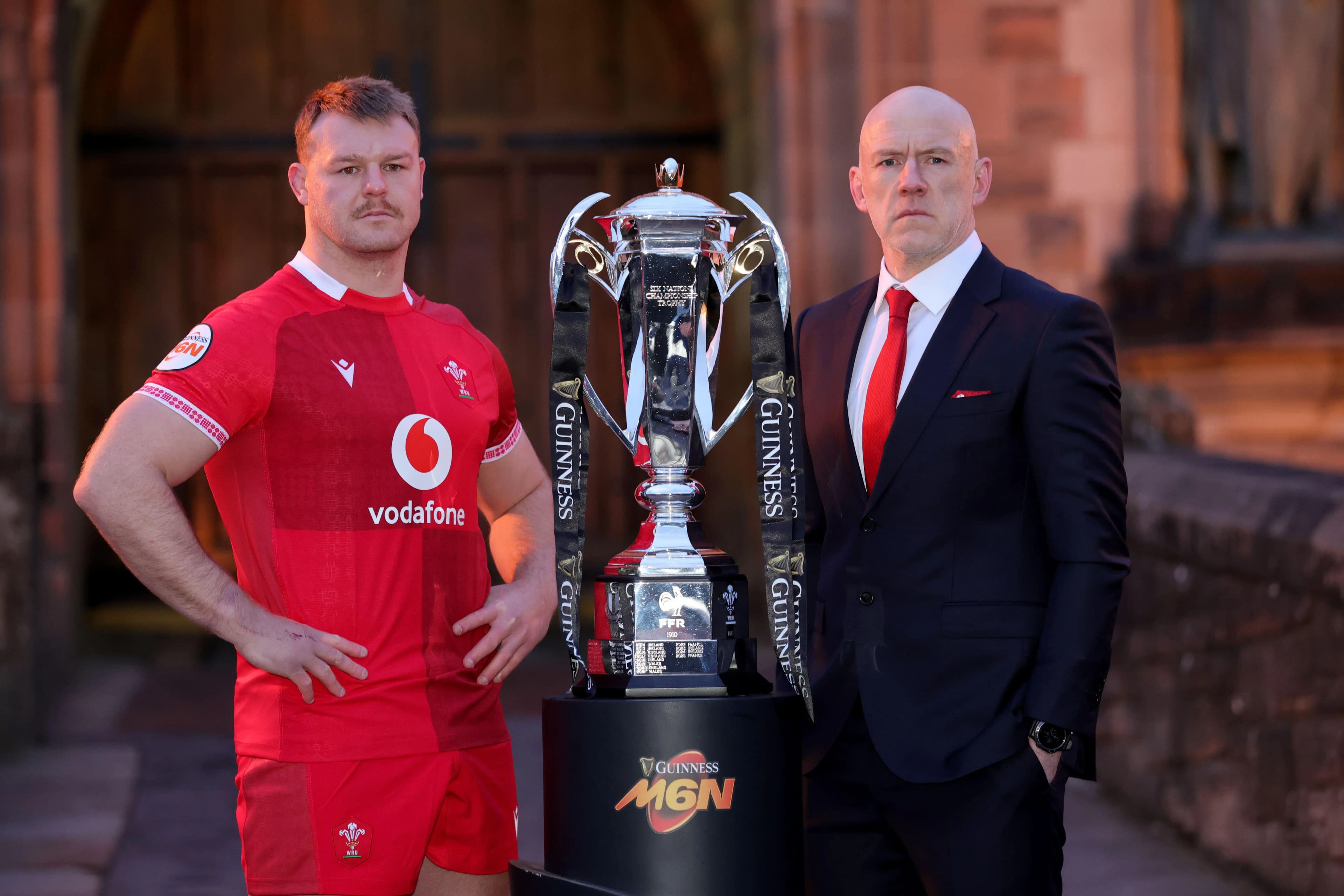 Wales captain Dewi Lake and coach Steve Tandy alongside the Six Nations trophy. Pic: Alamy