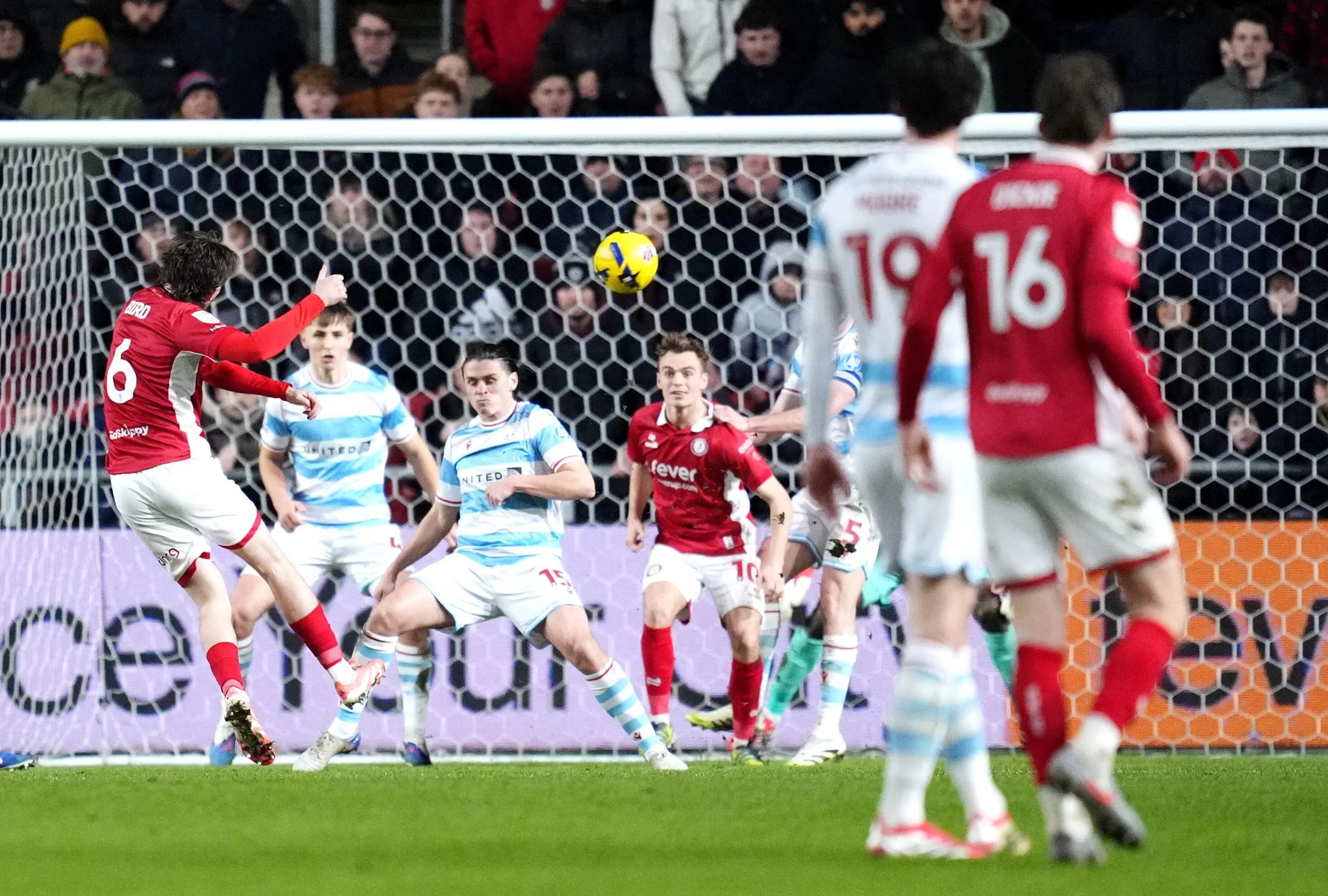Bristol City's Max Bird (left) scores his late equaliser to deny Wrexham. Pic. Alamy