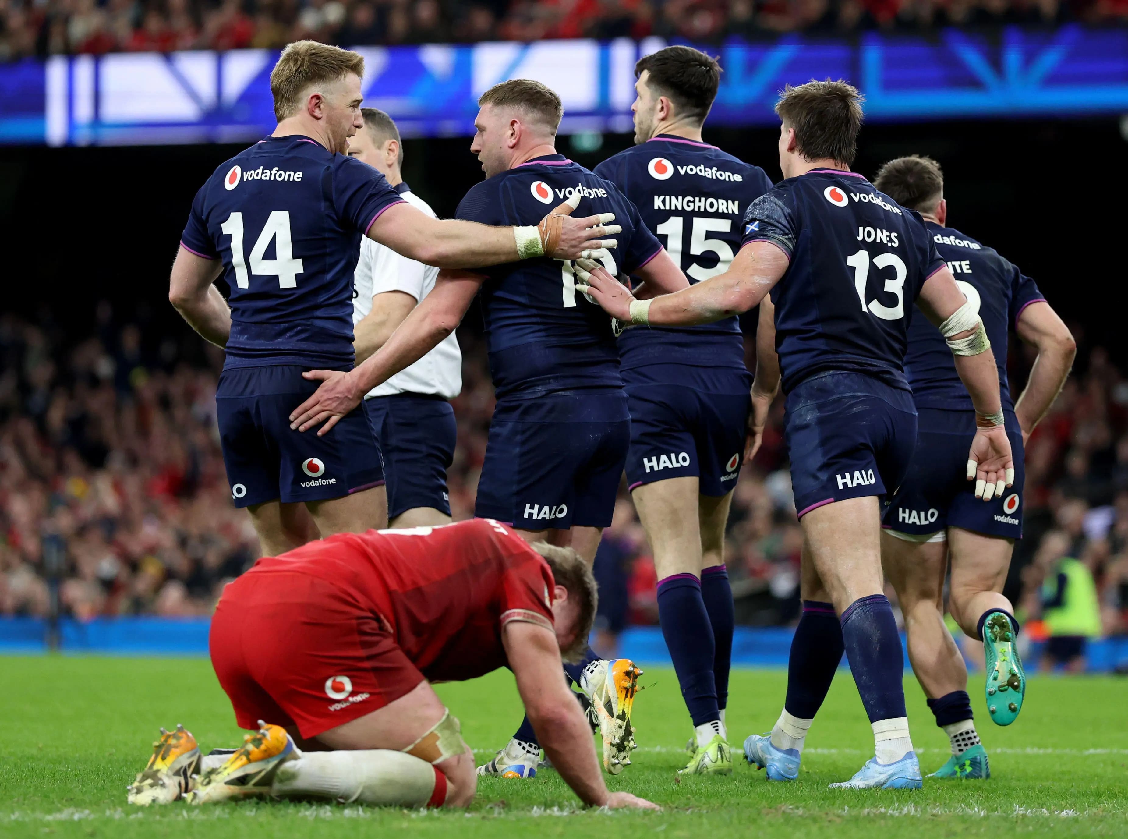Scotland players celebrate after Finn Russell's try. Pic: Alamy