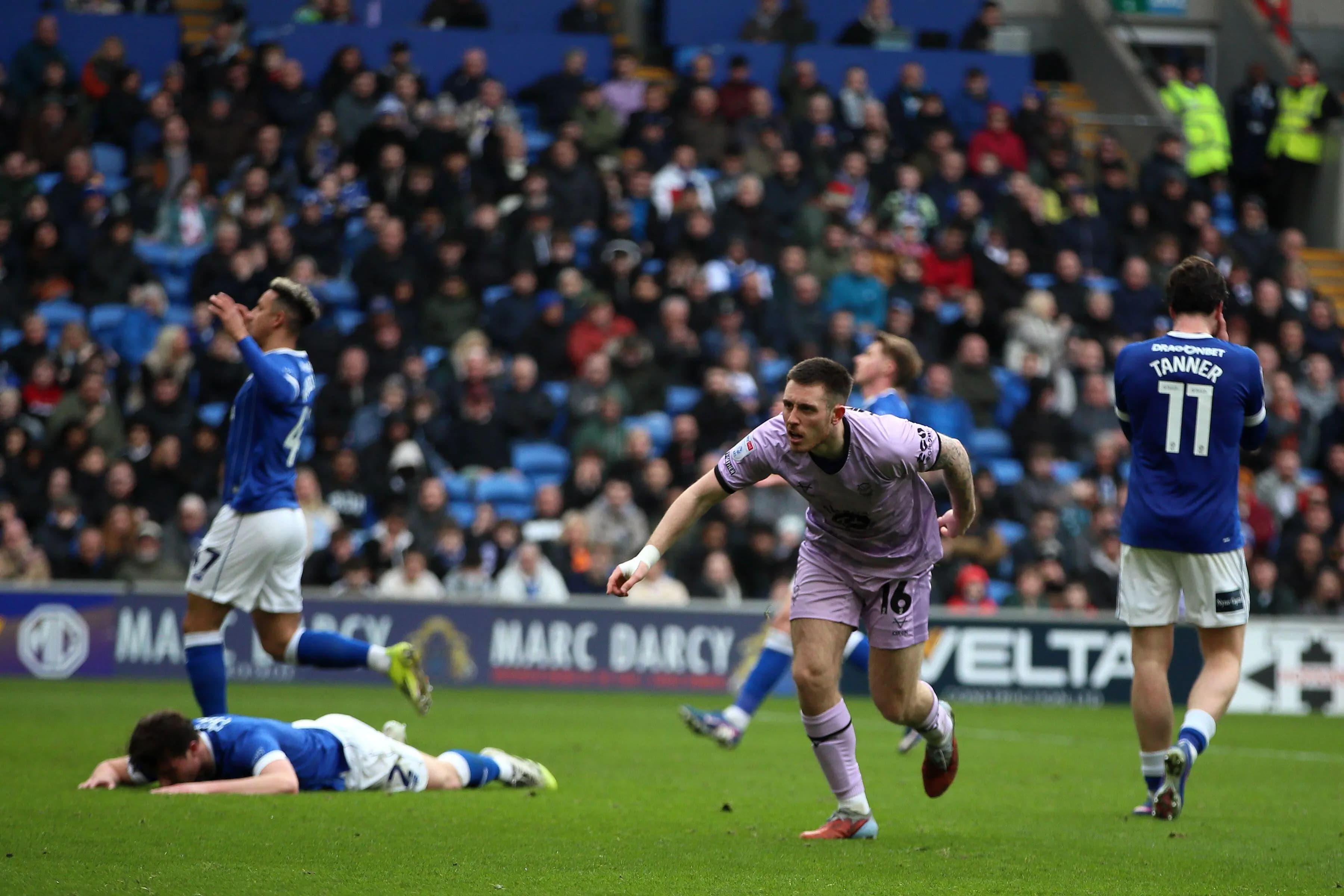 Dom Jefferies scores Lincoln City's second goal against Cardiff City. Pic: Alamy