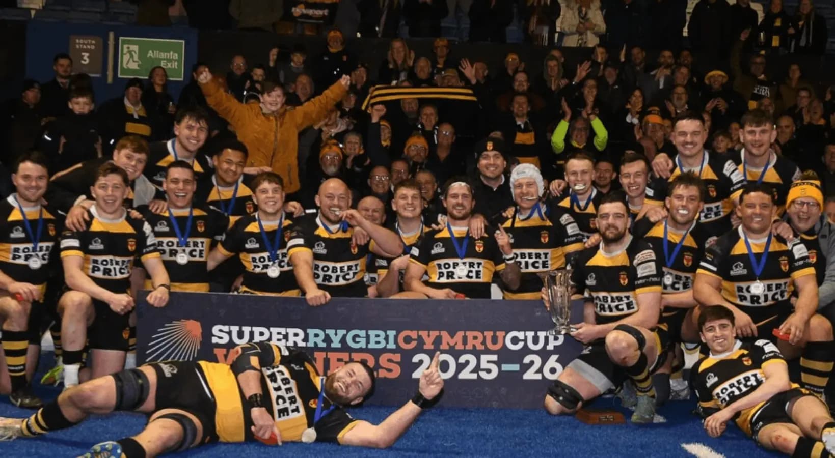 Newport players celebrate their victory at Cardiff Arms Park. Pic: WRU