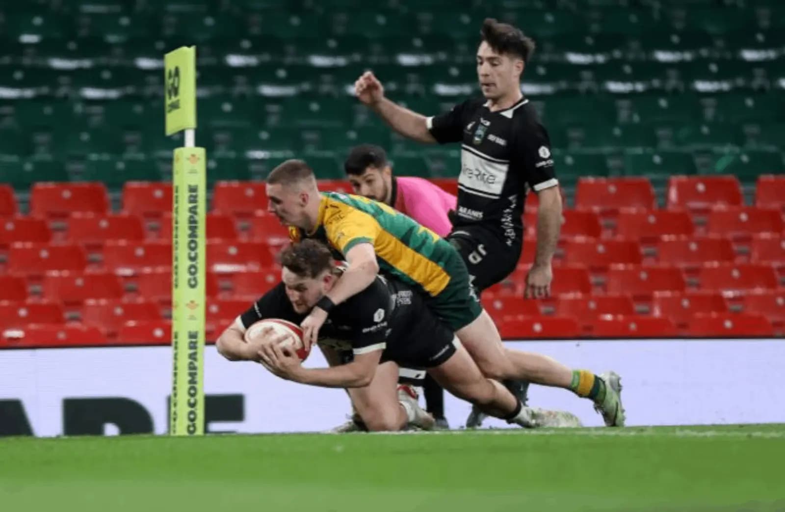 Rhys Peters finishes things off for Bedwas with a fifth try. Pic WRU.