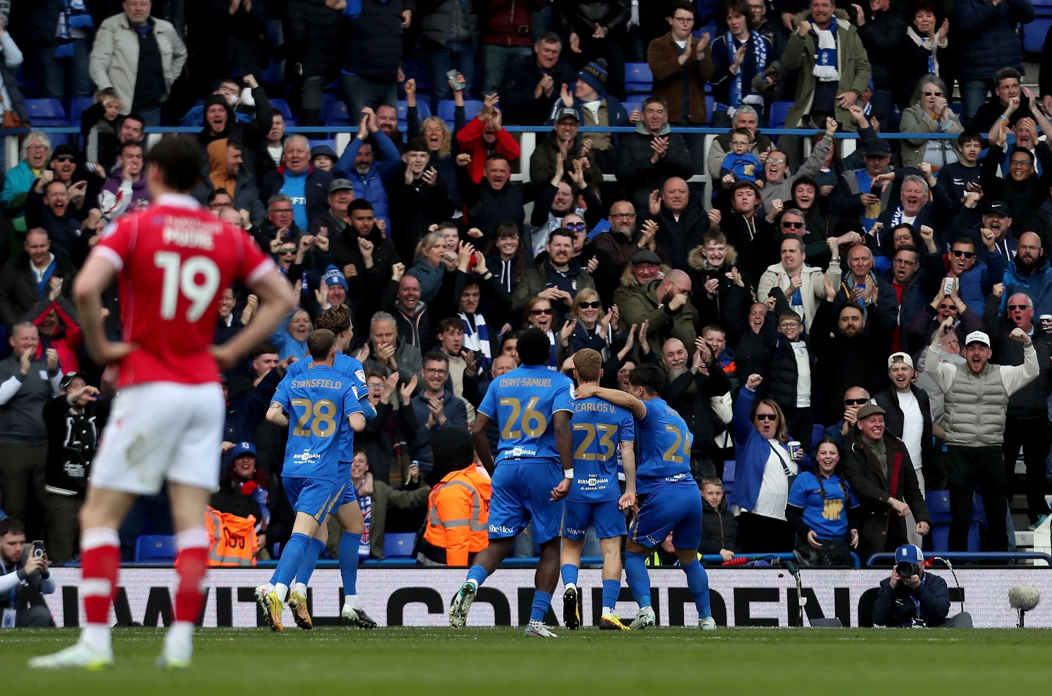 Kieffer Moore can only watch as Birmingham City players celebrate. Pic: Alamy.
