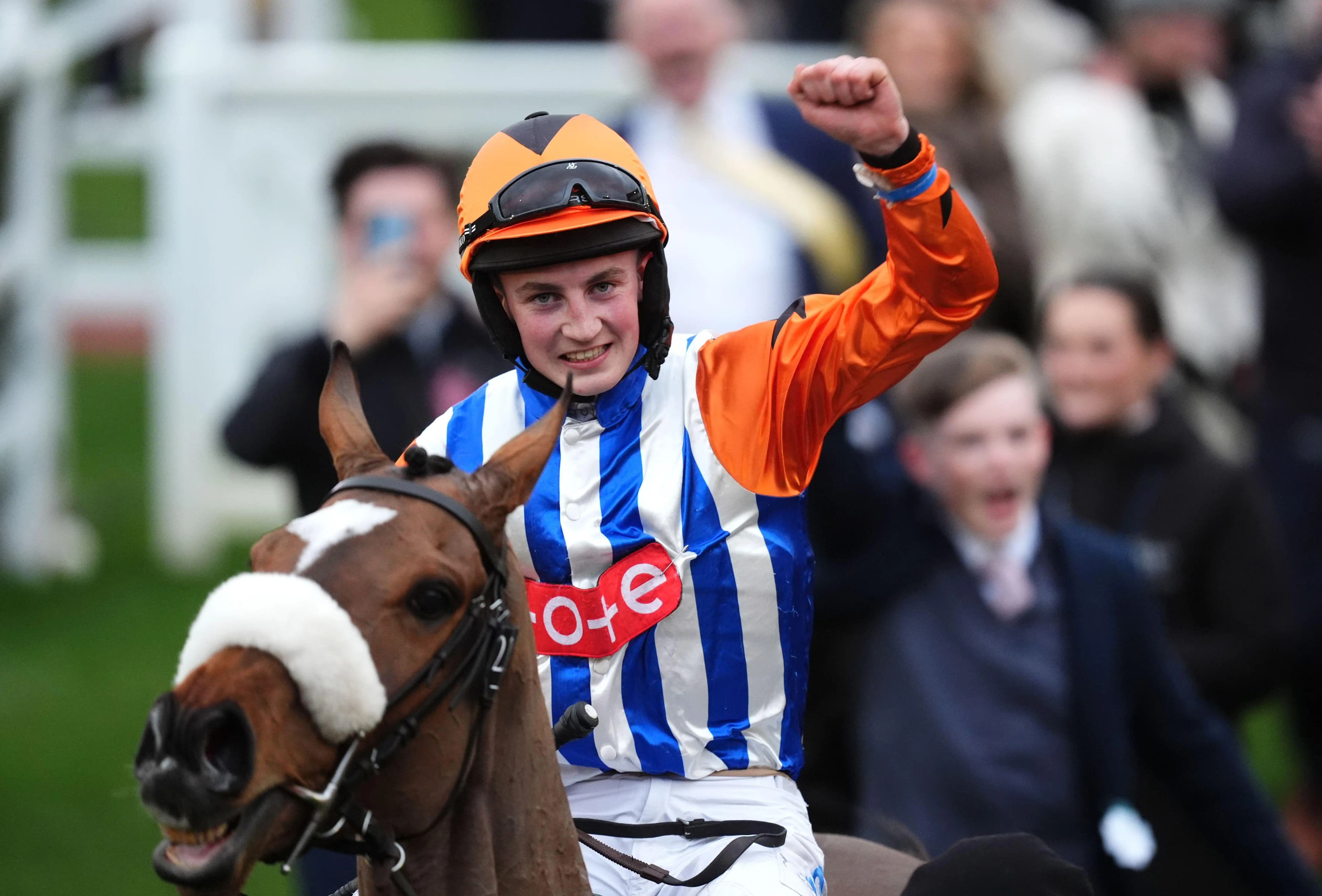 Jockey Shane Cotter celebrates after winning on Ask Brewster.