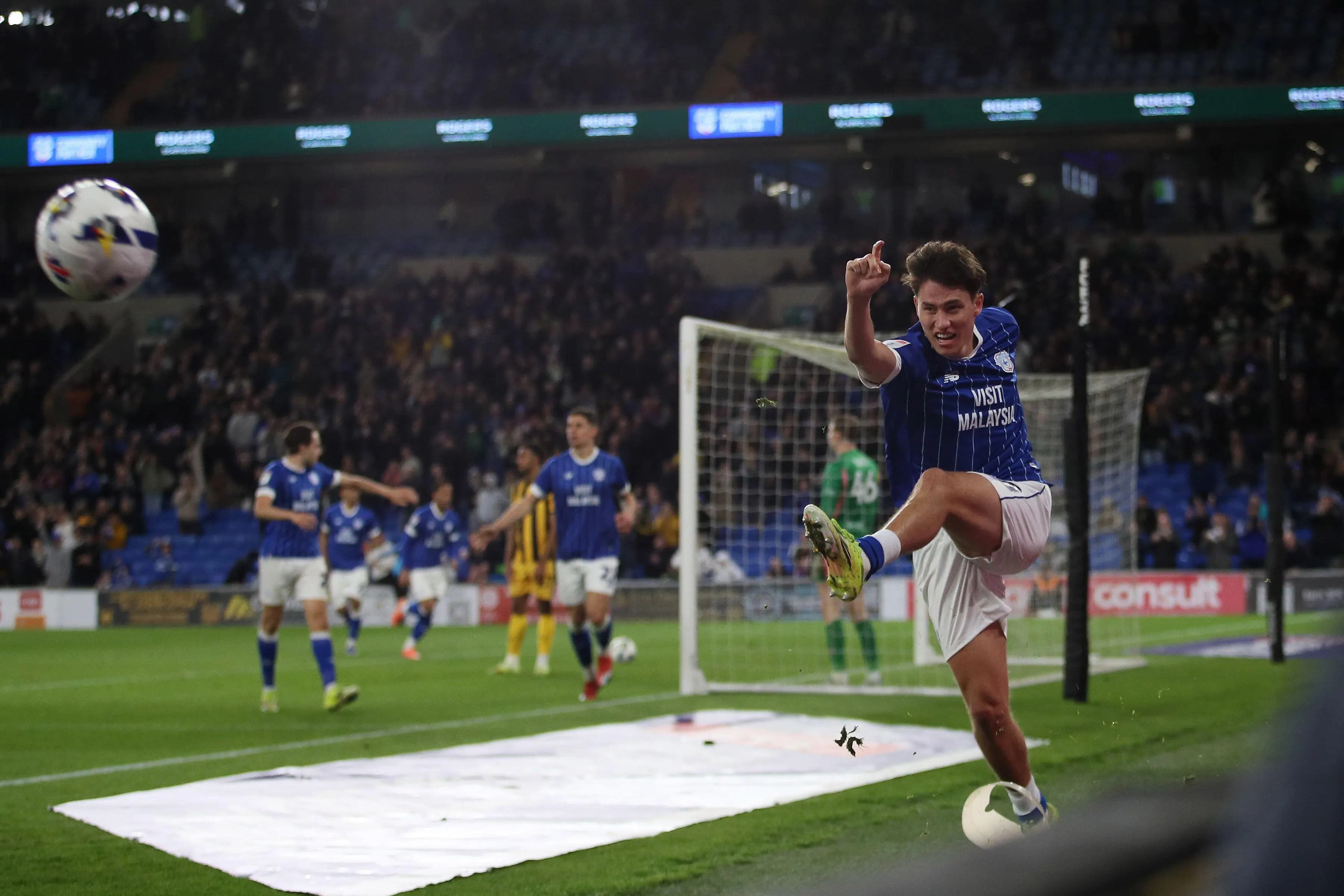 Rubin Colwill celebrates his goal for Cardiff City. Pic: Alamy
