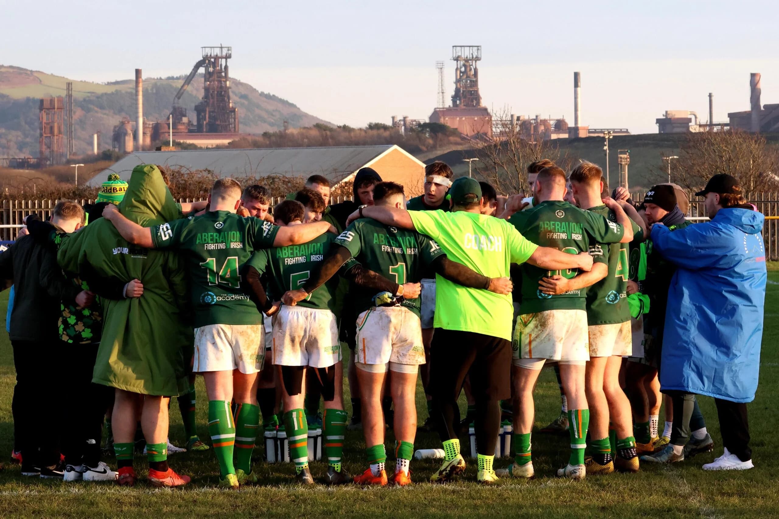 Aberavon Fighting Irish in their post match huddle. Pic: Owen Morgan