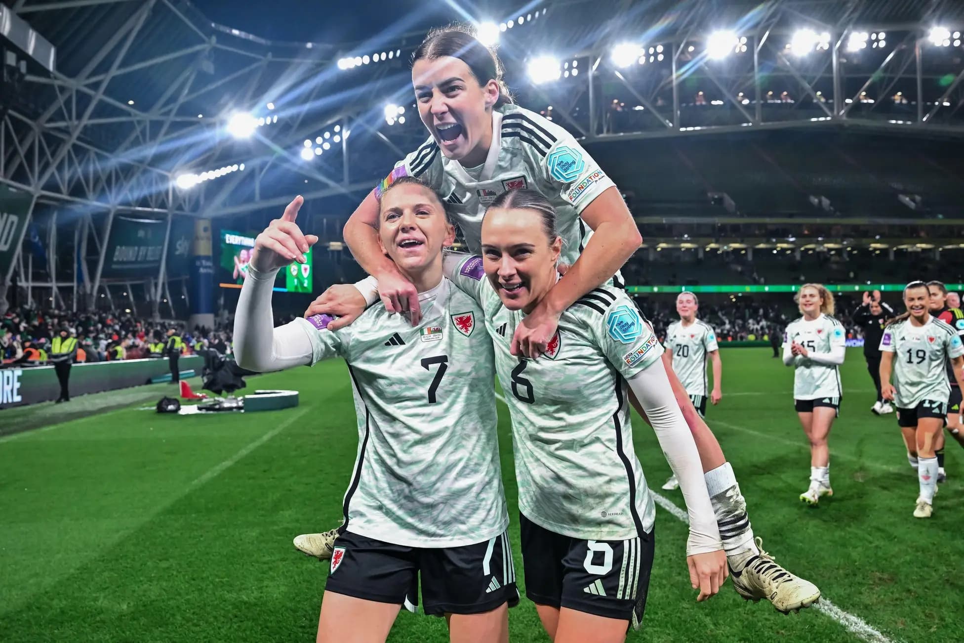 Wales celebrate qualification in Dublin. Pic. Alamy