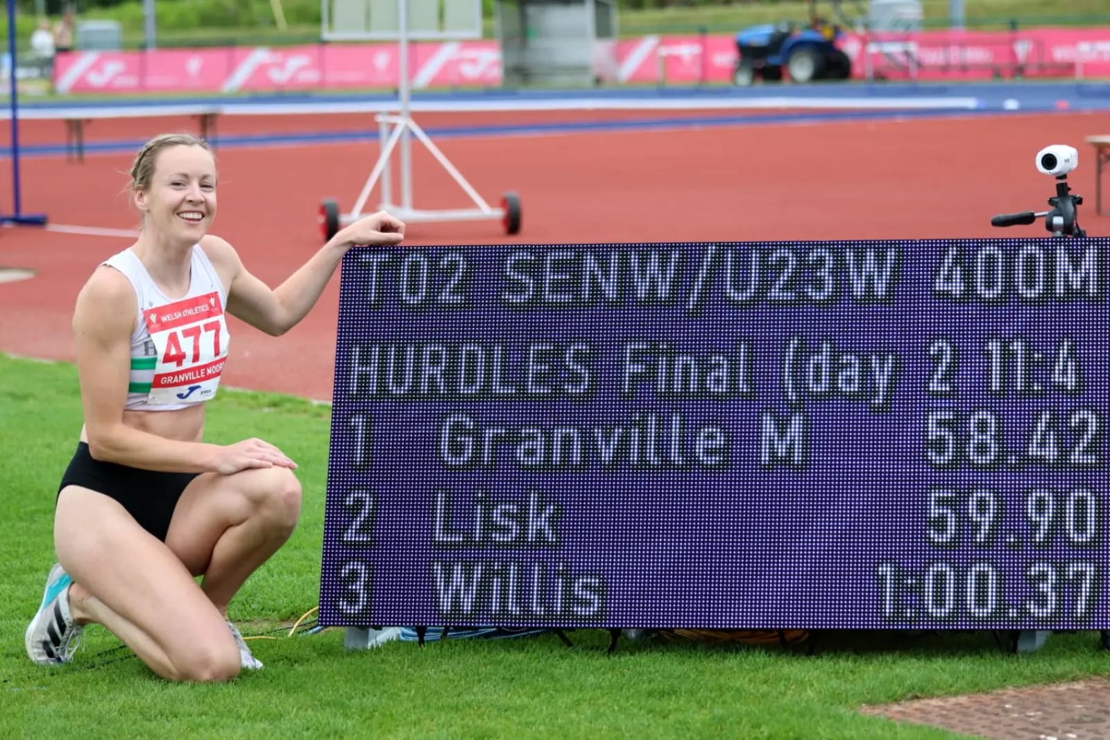 Caryl Granville Moore celebrates her Welsh title and championship best time. Pic. Owen Morgan