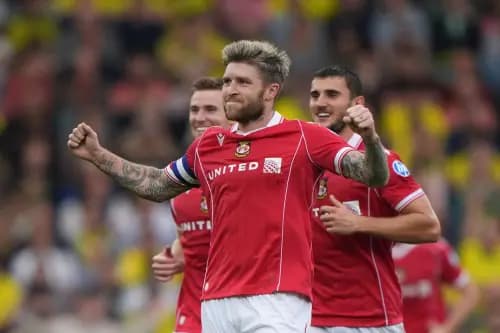 Josh Windass celebrates Wrexham’s third goal against Norwich. Pic. Alamy