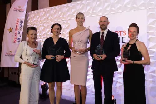 Welsh Sports Hall of Fame new inductees - Joe Erskine (daughter Sonia pictured far left), Laura Deas, Victoria Thornley, Dai Greene and Tori James. Pic: Huw Evans Picture Agency.