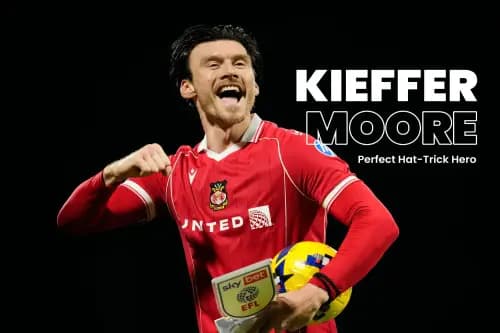 Wrexham's Kieffer Moore celebrates at the final whistle. Pic. Alamy