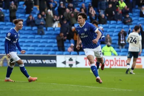 Cardiff City striker Yousef Salech celebrates. Pic: Alamy