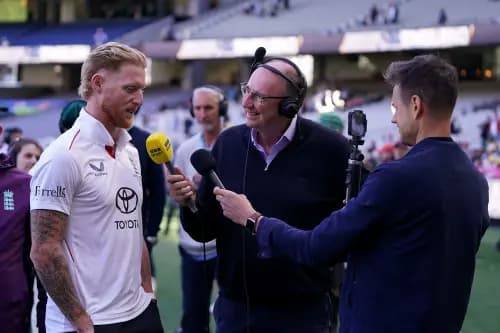 England’s Ben Stokes (left) is interviewed by BBC Sport's Jonathan Agnew (centre) and Henry Moeran (right). Pic: Alamy