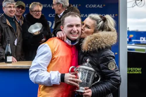 Sean Bowen celebrates his Welsh Grand National victory on Haiti Couleurs. Pic: Chepstow Racecourse.