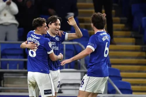 Cardiff City scorer Joel Colwill (centre) celebrates with teammates. Pic: Alamy