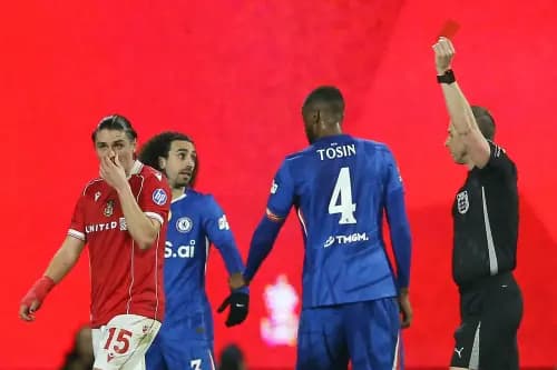 Wrexham's George Dobson gets a red card after a VAR check. Pic: Alamy