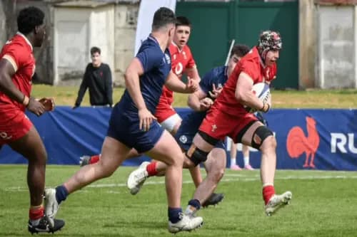 Rhys Owen on the charge for Wales U18s. Pic: WRU