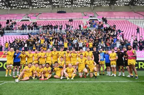 The Dragons celebrate after beating Stade Francais at Stade Jean Bouin, in Paris. Pic: Alamy