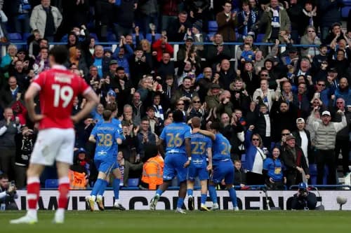 Kieffer Moore can only watch as Birmingham City players celebrate. Pic: Alamy.